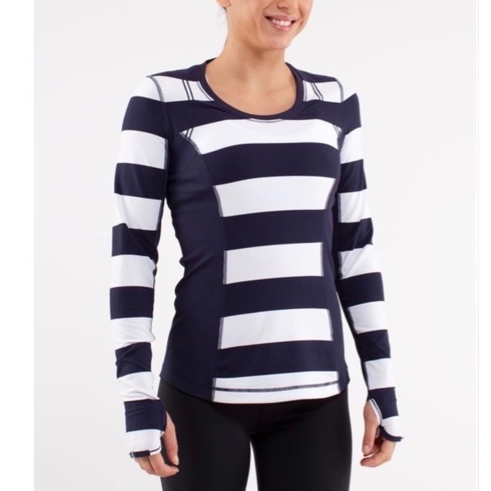 Lululemon Run Switch Back Top Size 6 Sleeve Navy White Striped Thumbholes Ruched